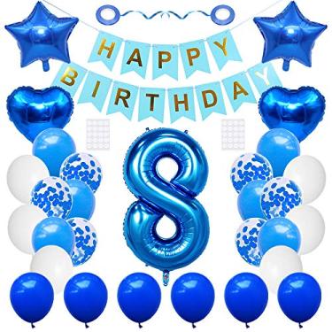 Imagem de Huture Kit De Balões Metalizados Com Números Azuis Para Festa Aniversário, 8 Itens, Decoração 8º Estrela Confete Látex Branco, Ótimo Presente Meninos E Meninas