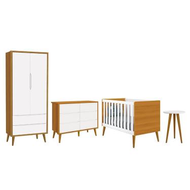 Imagem de Dormitório Completo Infantil Theo 2 Portas, Cômoda 6 Gavetas, Berço e Mesa de Canto com Pés Amadeirado - Reller Móveis Branco/Savana