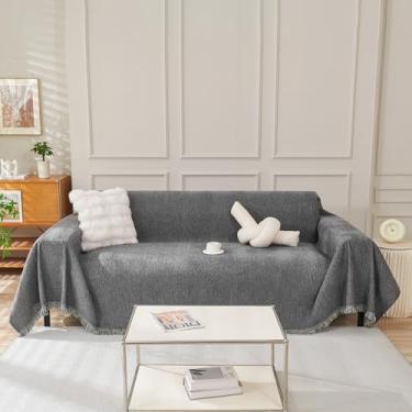 Imagem de STACYPIK Capa de sofá cinza escuro durável grossa para sofá com 3 almofadas, lavável, para sofá seccional, para cães, protetor de móveis, com borla, em forma de L, 180 x 380 cm