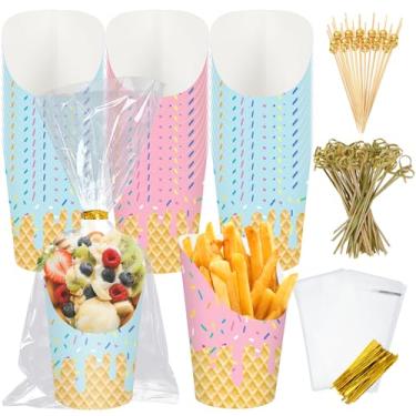 Imagem de FYSUIMU 50 peças de copos de papel de charcutaria de sorvete com sacos de palitos laços torcidos 396.9 g rosa azul polvilhe copos de aperitivo descartáveis suporte de batatas fritas para suprimentos
