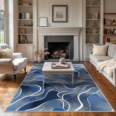 Imagem de Tapete de área 12 x 18 cm, azul e branco, moderno para sala de estar, interior, lavável à máquina, tapetes abstratos, para quarto, sala de jantar, tapete grande, antiderrapante, para casa, escritório