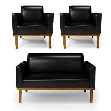 Imagem de Sofá Namoradeira Com 2 Poltronas Base De Madeira Fixa Castanho Marisa Corano D03 - D?rossi Cor Preto