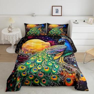 Imagem de jejeloiu Conjunto de cama queen com pavão, pássaro lindo para adultos, crianças, meninos, meninas, verde e azul, conjunto de edredom com estampa de lua, 3 peças