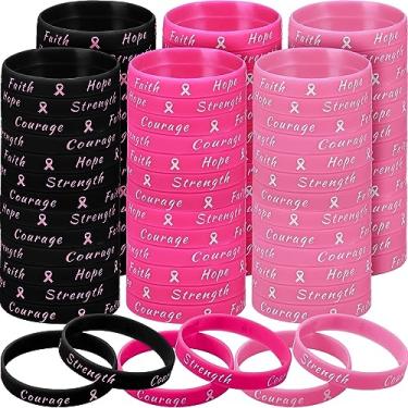 Imagem de Sratte 200 pulseiras de silicone para conscientização do câncer de mama, pulseira de borracha, esperança, fé, força inspiradora, para mulheres, festas, eventos públicos, presentes de câncer de mama