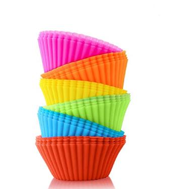 Imagem de BiaoGan Copos de silicone para cupcake, forros de muffin reutilizáveis multicoloridos, embalagens de cupcake arco-íris, pacote com 24, 6 cores vibrantes