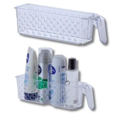 Imagem de Cesto organizador com alça para Geladeira Dispensa Banheiro ou Armário 28cm x 8cm x 8cm Kit com 2 Unidades
