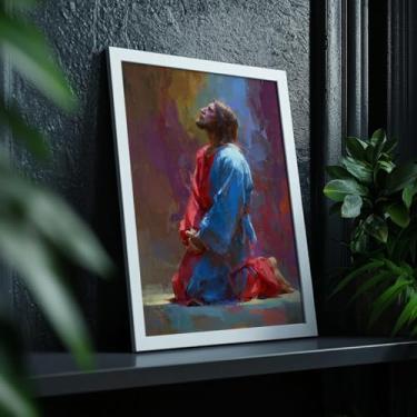 Imagem de Quadro Decorativo Jesus Orando Colorido Com Moldura Arte Religiosa Fé Cristã Devocional Decoração Lar Igreja Presente