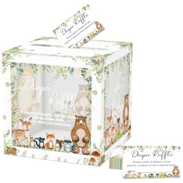 Imagem de QISOLIY Conjunto de 50 peças de sorteio de fraldas transparentes da floresta com caixa para chá de bebê, sorteio de fraldas, sorteio de fraldas, conjunto de caixa para chá de bebê, gênero, revelação