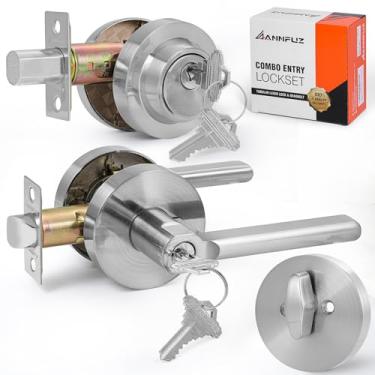 Imagem de ANNFUZ Maçaneta de porta de entrada com chave com combinação de fechadura de cilindro único, trava de alavanca resistente, canhoto e direito, com chave igual (mesmo 4 chaves) fechadura da porta da