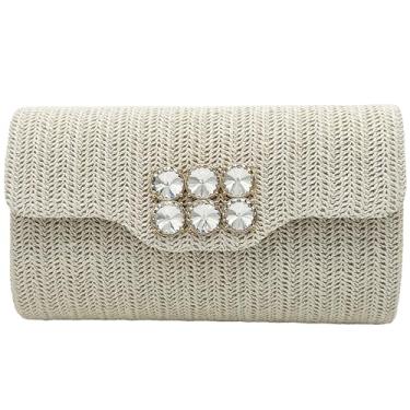 Imagem de U·helper Bolsa clutch de palha, bolsa de praia de tecido de verão, bolsa noturna enfeitada com cristal, bolsa de ombro transversal Boho, Bege
