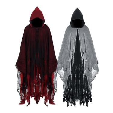 Imagem de Geyoga 2 Pcs Halloween Hooded Cloak Medieval Renaissance Gothic Wizard Robe Scary Grim Reaper Cosplay Costume for Unisex(Black, Red, XL)