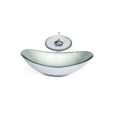 Imagem de Cuba De Vidro Oval 47Cm Prata + Valvula + Torneira Cascata