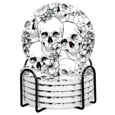 Imagem de Whaline 6 peças de porta-copos de cerâmica de Halloween com suporte de ferro crânio floral porta-copos de bebida tapete absorvente para caneca copo casa cozinha festa decoração de mesa