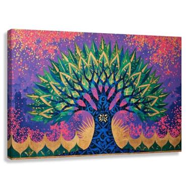 Imagem de Árvore da Vida Arte de Parede Impressão em Tela Decoração Abraço da Vida Cores Vibrantes Pintura da Natureza Roxo Azul Verde 90x60cmx1