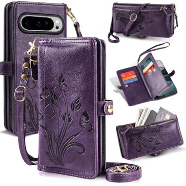 Imagem de Lacass Capa carteira para Google Pixel 9 Pro XL/10 Pro XL, [Proteção contra roubo de cartões] Suporte de cartão com zíper de couro flip alça de pulso transversal com suporte (floral roxo escuro)