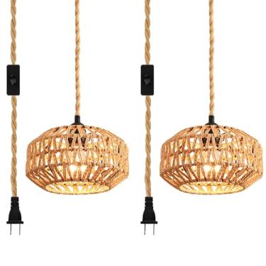 Imagem de IHENGYANLT Pacote com 2 lâmpadas penduradas em vime com interruptor, mini rattan Boho semi embutida luz de teto, luminárias de corredor tecidas à mão para entrada do quarto