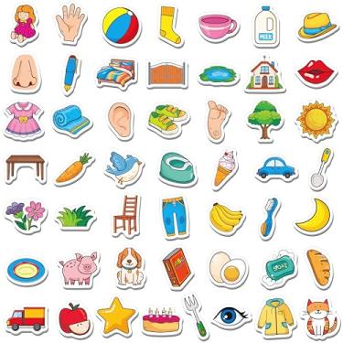 Imagem de 50 peças de ímãs de primeira palavra, itens diários engrossados magnéticos ímãs de geladeira adoráveis brinquedos educativos de aprendizagem para jardim de infância, pré-escolares, crianças a partir