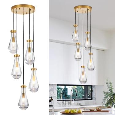 Imagem de TACDANDM Luminárias pendentes de gota de chuva de 5 luzes, iluminação pendente de vidro de latão, lágrimas modernas para hall de entrada, cozinha, ilha, sala de jantar, sala de estar, corredor
