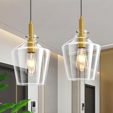 Imagem de Vaziden Iluminação pendente de vidro moderna para ilha de cozinha, pacote com 2, luminárias pendentes douradas, luminária de teto ajustável, persianas de vidro transparente anguladas de 20 cm