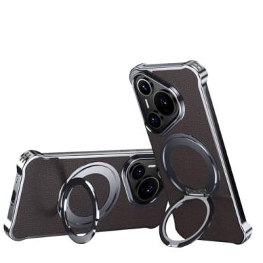 Imagem de LTLMYDAM Capa de couro para Huawei Pura 80 Ultra/80 Pro/80 Pro+/80, capa de metal elegante de grão de lichia sem moldura com capa magnética de anel giratório, marrom, 80 Pro+