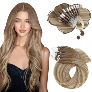 Imagem de Moresoo Extensões de cabelo humano real Microlink castanho claro com extensões de cabelo loiro balayage micro link sedoso liso 50G 50S 61 cm