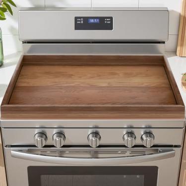 Imagem de Coberturas de fogão de acácia, capa de fogão de madeira para placa de macarrão, capa de bancada com economia de espaço para panelas, placa de cobertura de fogão, bandeja decorativa rústica de cozinha