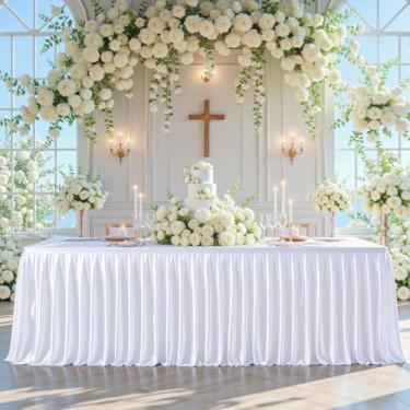 Imagem de Roupas de mesa de cetim branco para mesas retangulares de 2,3 m – Toalhas de mesa retangulares com glitter resistentes a vincos, capas de mesa de festa para banquete de casamento, chá de bebê