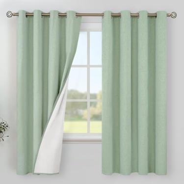 Imagem de YoungsTex Cortinas blackout 100% de linho verde claro 168 cm de comprimento para quarto, cortinas com isolamento térmico escurecimento de quarto inteiro com ilhós pretos para sala de estar, 2 painéis