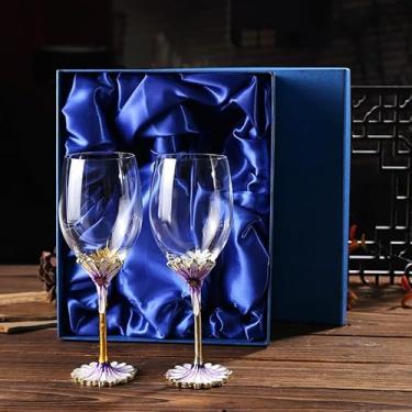 Imagem de Simcat Taças de vinho esmaltadas pintadas à mão em vidro transparente refinado, haste para cabernet, presentes (caixa de presente dupla roxa, flor pequena)