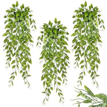 Imagem de RAINFLOW 3 peças de plantas falsas para pendurar – plantas falsas pequenas realistas com 9 ramos, planta falsa de ervilha interna para prateleira, sala de estar, pátio, varanda, escada, chuveiro