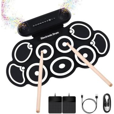 Imagem de INGPARTNER Conjunto de bateria eletrônica, kit de bateria elétrica dobrável com 9 pads com fone de ouvido 10 horas de reprodução alto-falante embutido com pedais de baquetas, presente de aniversário