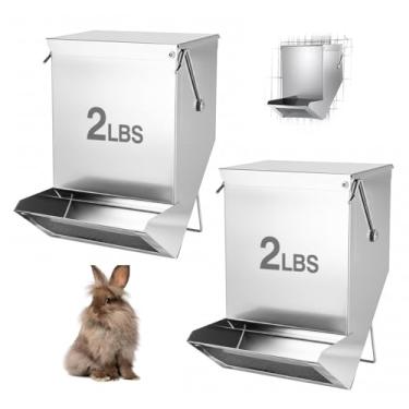 Imagem de 2 comedouros de coelho para porquinhos-da-índia externos para gaiolas, grande capacidade, 900 g, com tampa e dispensador de comida de animais pequenos para fazenda, jardim (prata, 12 cm)