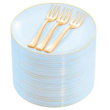 Imagem de Pratos de bolo Festiva, 200 unidades, ouro azul, 16 cm com garfos de p