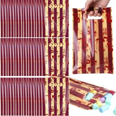 Imagem de LemonRoad 100 peças de sacolas de lembrancinhas de festa de Halloween com tema de terror sangrento, sacolas de presente de plástico com alças de carnaval circo bolsas de guloseimas para festa