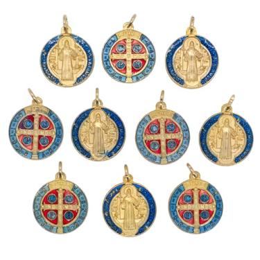 Imagem de Pacote com 10 medalhas douradas de São Bento | Santo Padroeiro dos Estudantes e da Europa | Contas para Chaplets DIY e Joias Religiosas | Ótimo presente católico f
