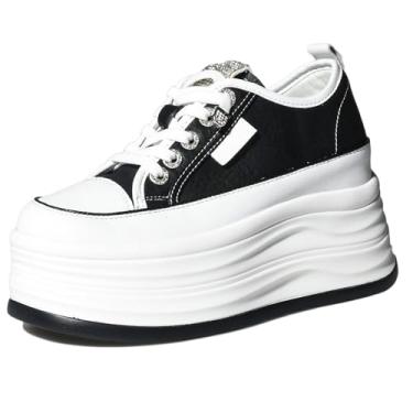 Imagem de JYSGYLT Tênis feminino plataforma branca de 10 cm – sola antiderrapante grossa sem cadarço, sapatos casuais femininos com plataforma de 7 cm e salto oculto de 2 cm (branco/preto), Preto, 35