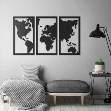 Imagem de Quadro Decoração Vazado Mapa Mundi Mdf 6Mm Preto 100X60 Cm