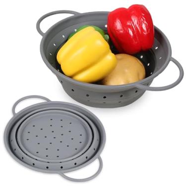 Imagem de DJAPWPX 2 peças de coador dobrável, cestas de filtro de cozinha de silicone, resistente ao calor com base antiderrapante para lavar legumes e frutas (cinza)