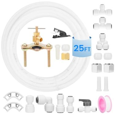Imagem de Kit de linha de água para geladeira/máquina de gelo de grau alimentício, 25FT 1/4 pol. OD com válvula autoperfurante e acoplamentos rápidos para geladeiras, sistemas de fabricação de gelo e RO