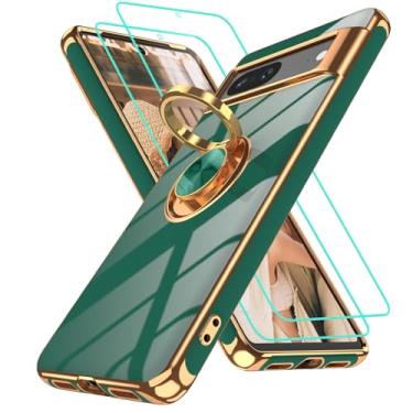 Imagem de Gritup Capa para Google Pixel 7 | 2 peças protetoras de tela | Suporte magnético de rotação de 360° | Revestimento dourado macio TPU protetor básico para celular Pixel 7 verde