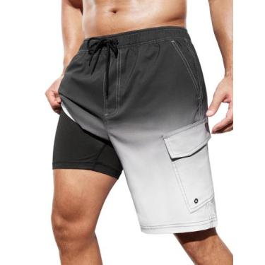 Imagem de Calções de banho SILKWORLD masculinos com forro de compressão preto e 