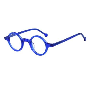 Imagem de BETSION Óculos redondos pequenos vintage feitos à mão com armação completa de acetato B002, Azul