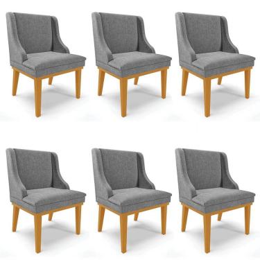 Imagem de Kit 6 Cadeiras Estofadas para Sala de Jantar Base Fixa de Madeira Castanho Lia Linho Grafite - Ibiza