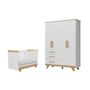 Imagem de Quarto Bebe Berço e Guarda Roupas Moveis Peroba Retro Ls, Branco Amênd