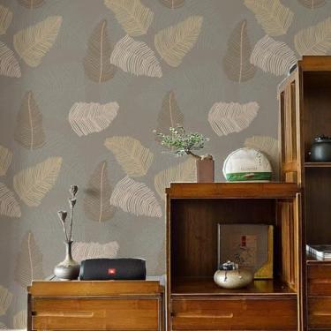 Imagem de ESSMOKO Papel de parede colorido planta flor hidrosol papel de parede sala de estar quarto escritório fundo decorativo adesivo de parede cinza penas folhas 45 * 600 cm