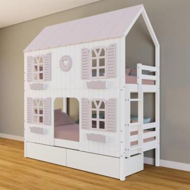 Imagem de Beliche Casinha Bela Com Coração 2 Gavetas 4 Janelas Venezianas - Made