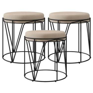 Imagem de Kit 03 Puffs Decorativo Aramado Preto Zaya L02 Suede Bege - Lyam Decor