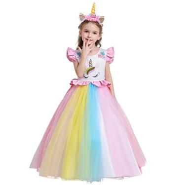 Imagem de Ikizf Fantasia de unicórnio para meninas, vestido longo de tule com faixa de cabeça, festa de aniversário, carnaval, cosplay, fantasia 10-11 anos