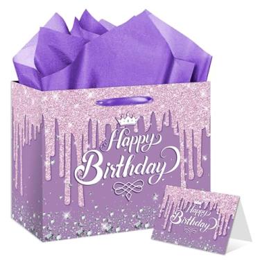 Imagem de Bolsa de presente de aniversário roxa, grande bolsa de presente de feliz aniversário, com cartão e papel de seda, para mulheres, meninas, decorações de celebração, suprimentos de festa