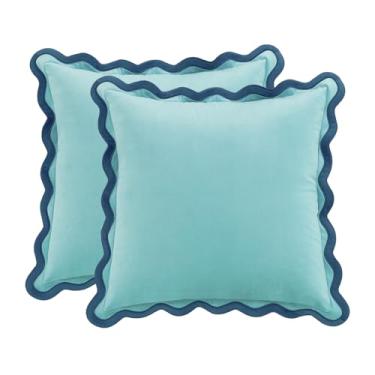 Imagem de MONDAY MOOSE Capas de almofada decorativas, conjunto de 2 designs de borda ondulada de veludo macio, misture e combine para decoração de casa, almofadas não incluídas (azul/azul claro, 56 x 56 cm)